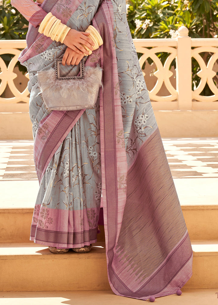 Beautiful grey and purple Khadi printed raw silk saree with intricate designs