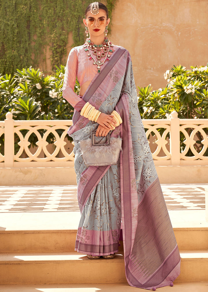 Beautiful grey and purple Khadi printed raw silk saree with intricate patterns