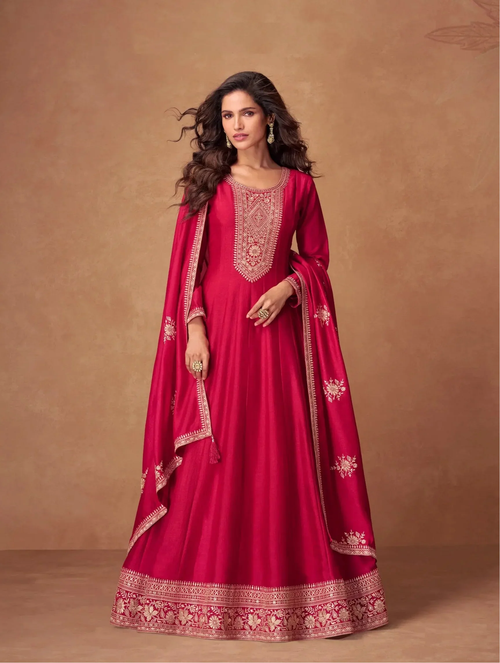 Red Premium Silk Embroidery Work Gown - qivii