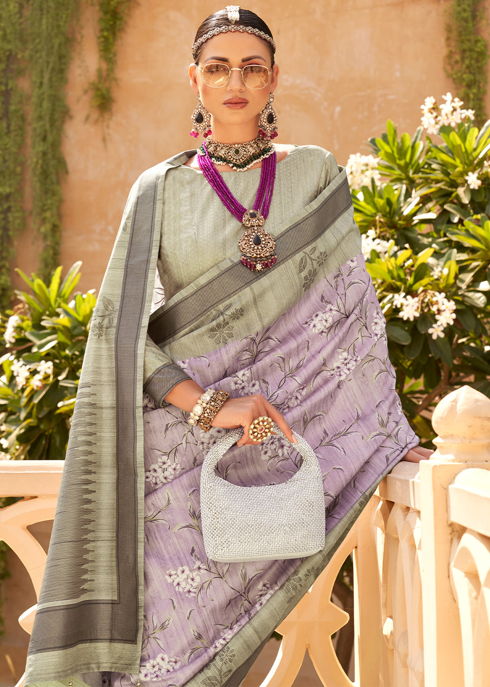  Beautiful woman wearing Thistle Purple Khadi Printed Raw Silk Saree