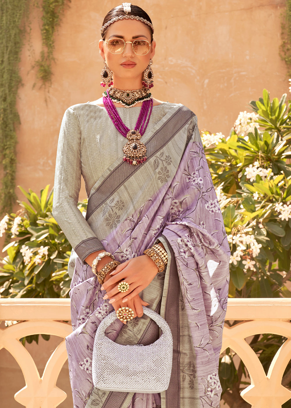 A beautiful Thistle Purple Khadi Printed Raw Silk Saree with intricate designs and vibrant colors