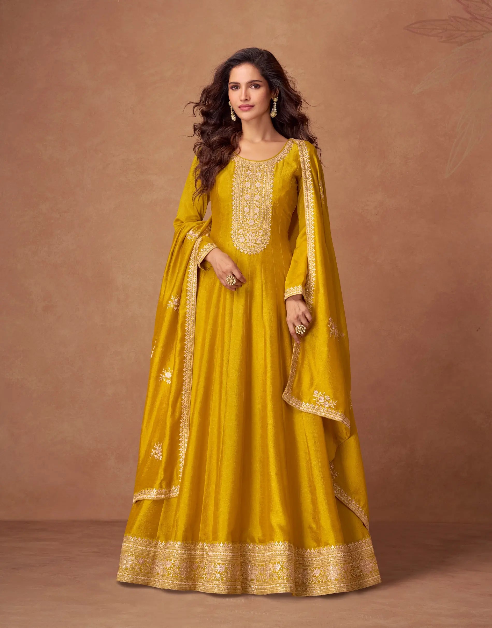 Yellow Premium Silk Embroidery Work Gown - qivii