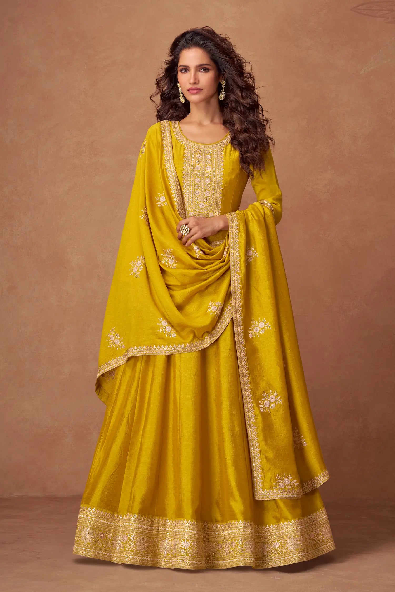 Yellow Premium Silk Embroidery Work Gown - qivii