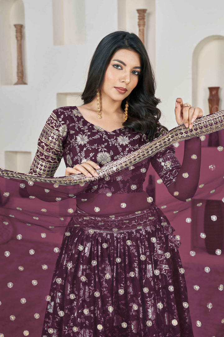 Beautiful Wine Zari Work Jacquard Reception Wear Lehenga Choli