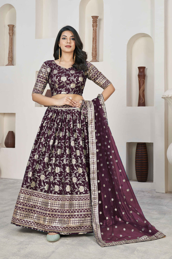 Beautiful Wine Zari Work Jacquard Reception Wear Lehenga Choli