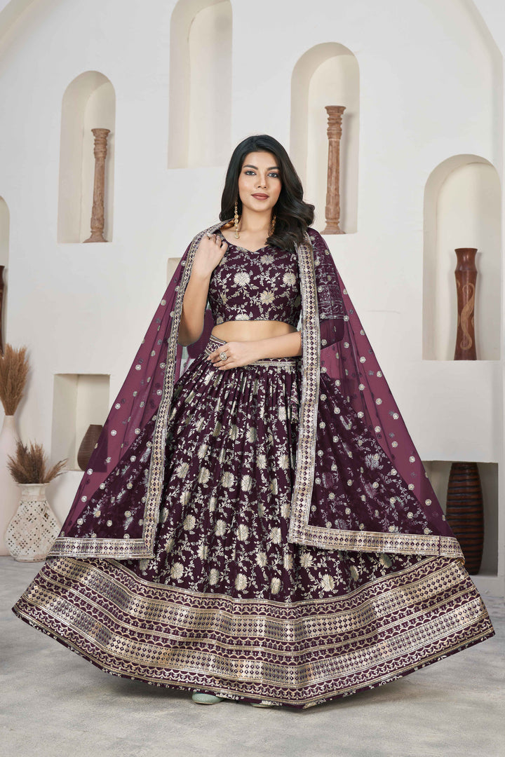 Beautiful Wine Zari Work Jacquard Reception Wear Lehenga Choli