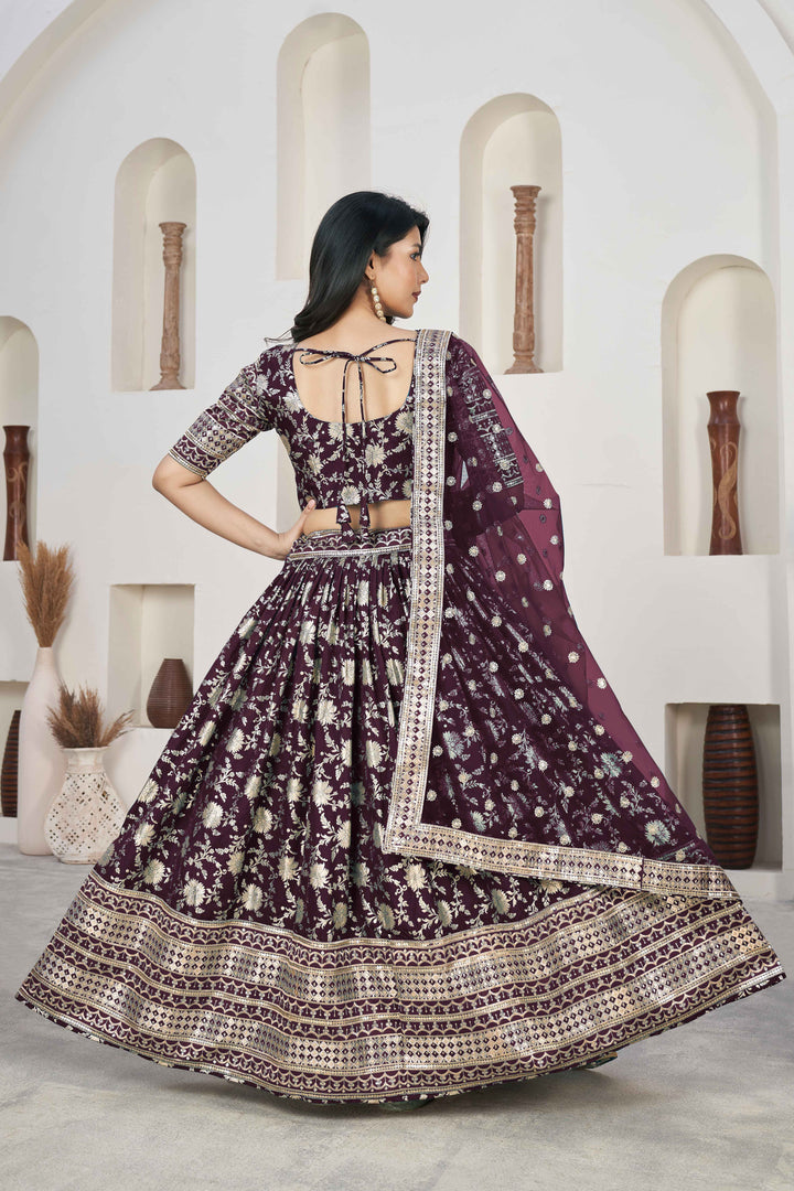 Beautiful Wine Zari Work Jacquard Reception Wear Lehenga Choli