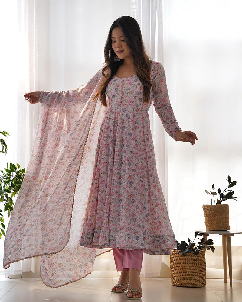 Baby Pink Color Heavy Chiffon Floral Print With Full Flair Three Piece Anarkali Suit  - By Qivii