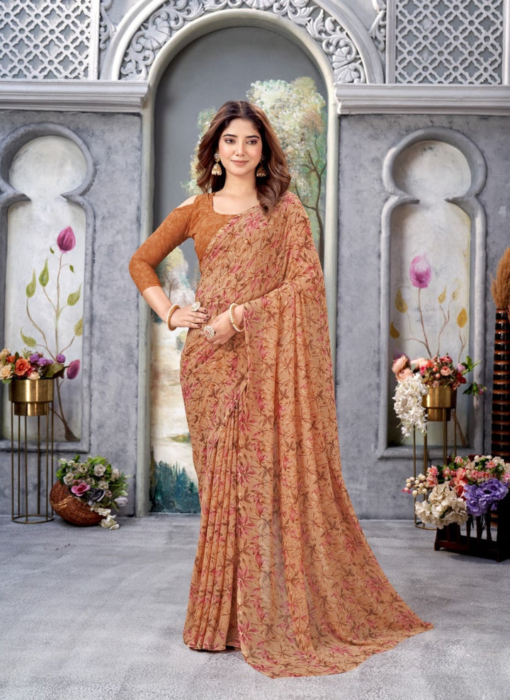 BEAUTIFUL BROWN COLOUR ETHNIC FLORAL PRINTED WEIGHTLESS FABRIC SAREE