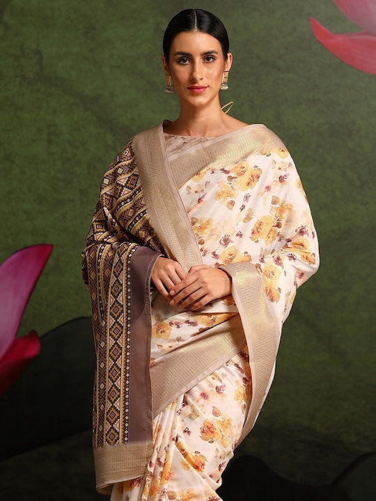 Women's Silk Blend Off White Printed Celebrity Saree With Blouse Piece