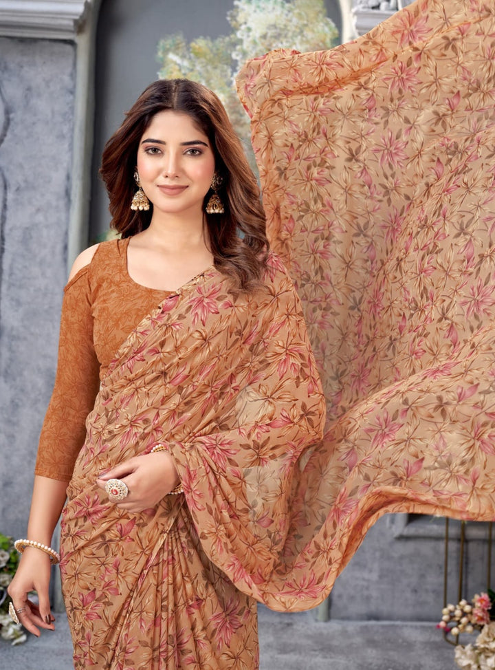 BEAUTIFUL BROWN COLOUR ETHNIC FLORAL PRINTED WEIGHTLESS FABRIC SAREE