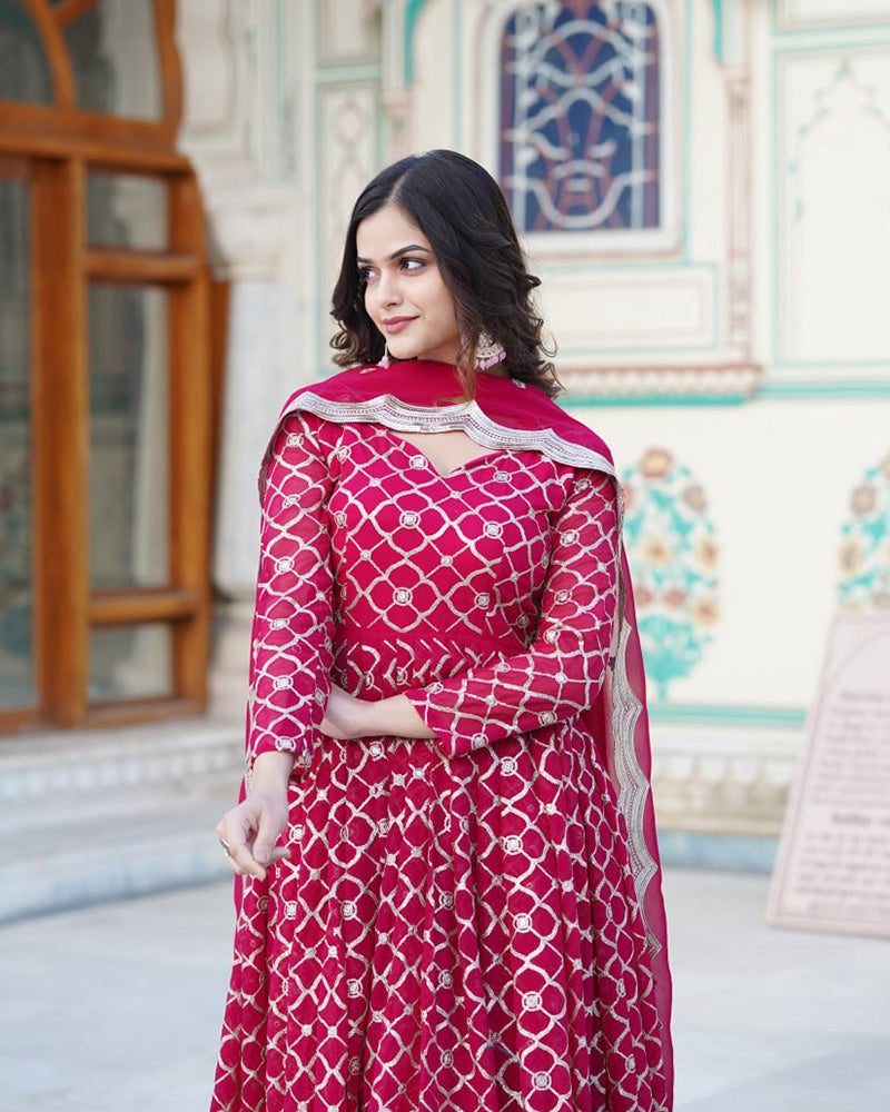 Designer Embroidery Work Rani Pink Color Anarkali Gown With Dupatta  - By Qivii