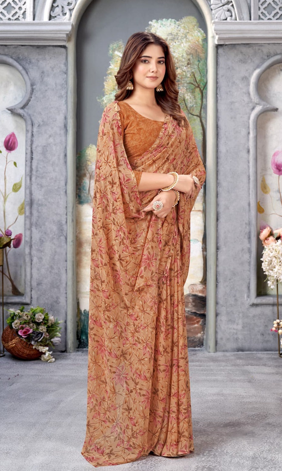 BEAUTIFUL BROWN COLOUR ETHNIC FLORAL PRINTED WEIGHTLESS FABRIC SAREE