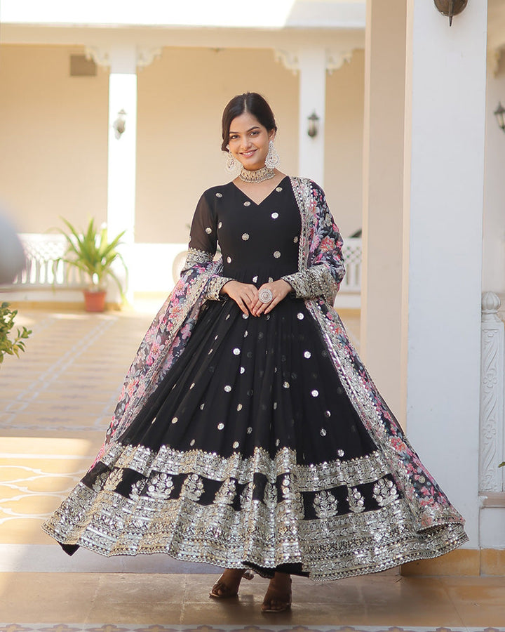 Black Color Faux Georgette Designer Gown With Dupatta  - By Qivii