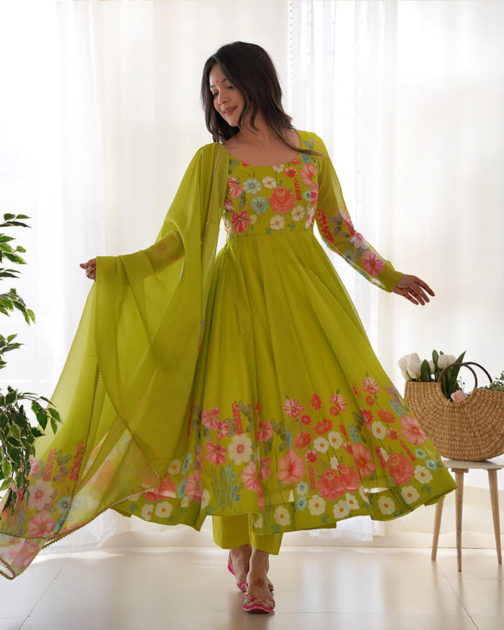 Neon Color Floral Print Organza Three Piece Anarkali Suit  - By Qivii