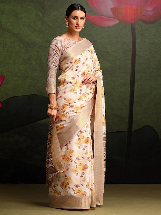 Women's Silk Blend Off White Printed Celebrity Saree With Blouse Piece