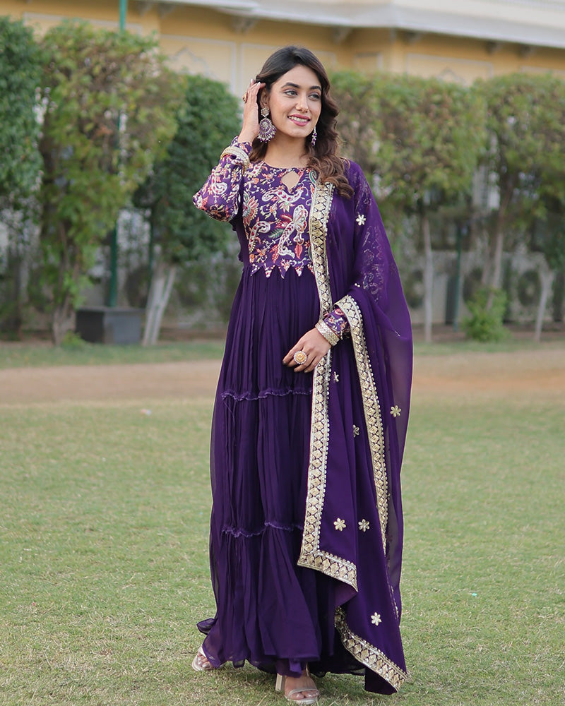 Purple Color Frill Georgette Gown With Dupatta  - By Qivii