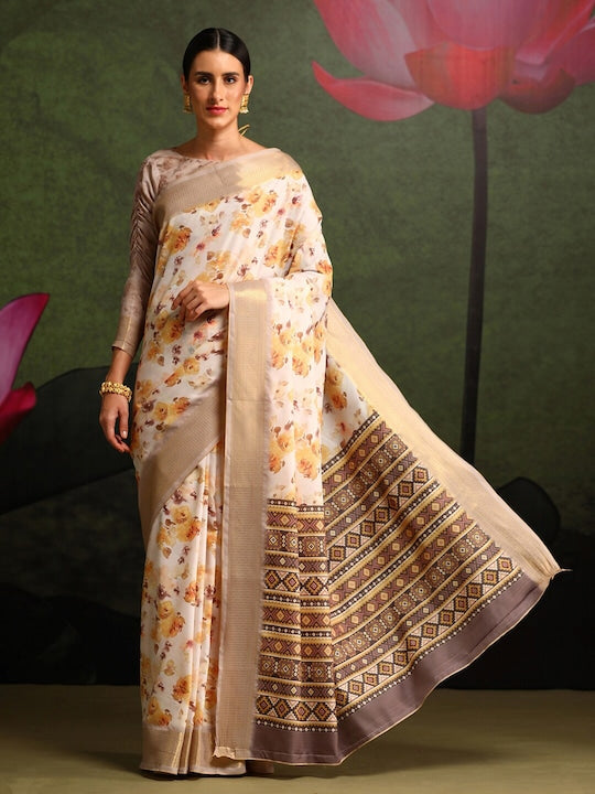 Women's Silk Blend Off White Printed Celebrity Saree With Blouse Piece