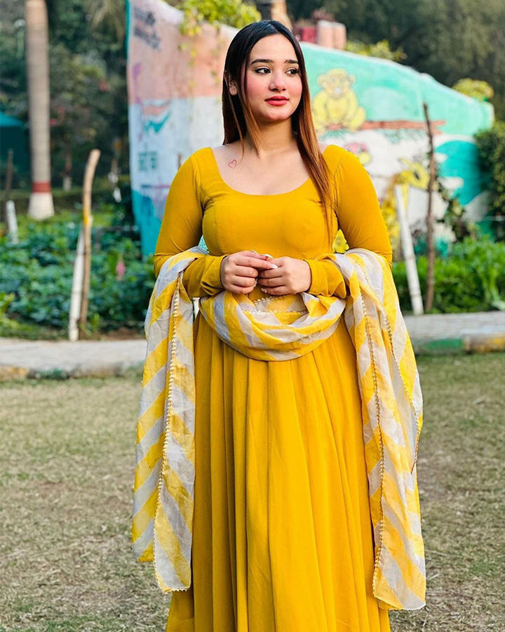 Yellow Color Georgette Anarkali Gown with Designer Dupatta  - By Qivii