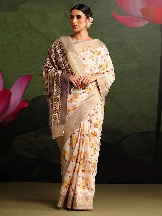 Women's Silk Blend Off White Printed Celebrity Saree With Blouse Piece