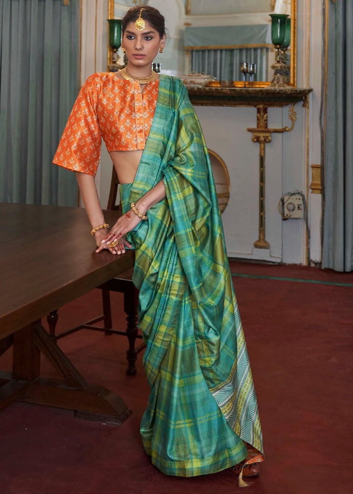 Blue & Green Printed Silk Saree