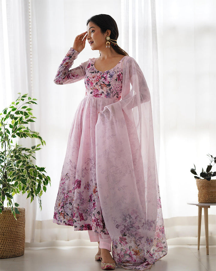 Baby Pink Color Floral Print Organza Three Piece Anarkali Suit  - By Qivii