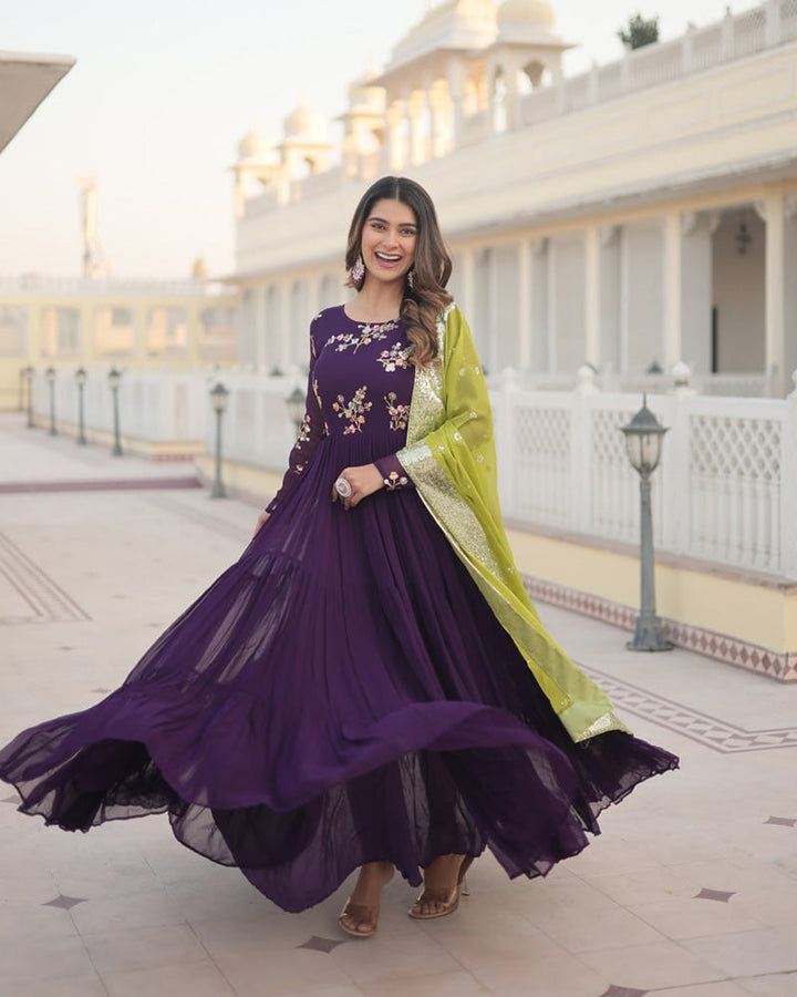 Wine Color Three layer Georgette Gown With Russian Silk Dupatta  - By Qivii