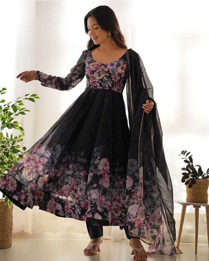 Black Color Floral Print Organza Three Piece Anarkali Suit  - By Qivii