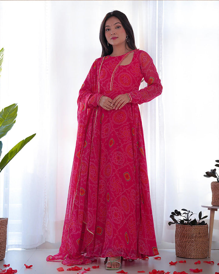 Pink Color Bandhej  Print Soft Chiffon Stylish Neck Three Piece Anarkali Gown  - By Qivii