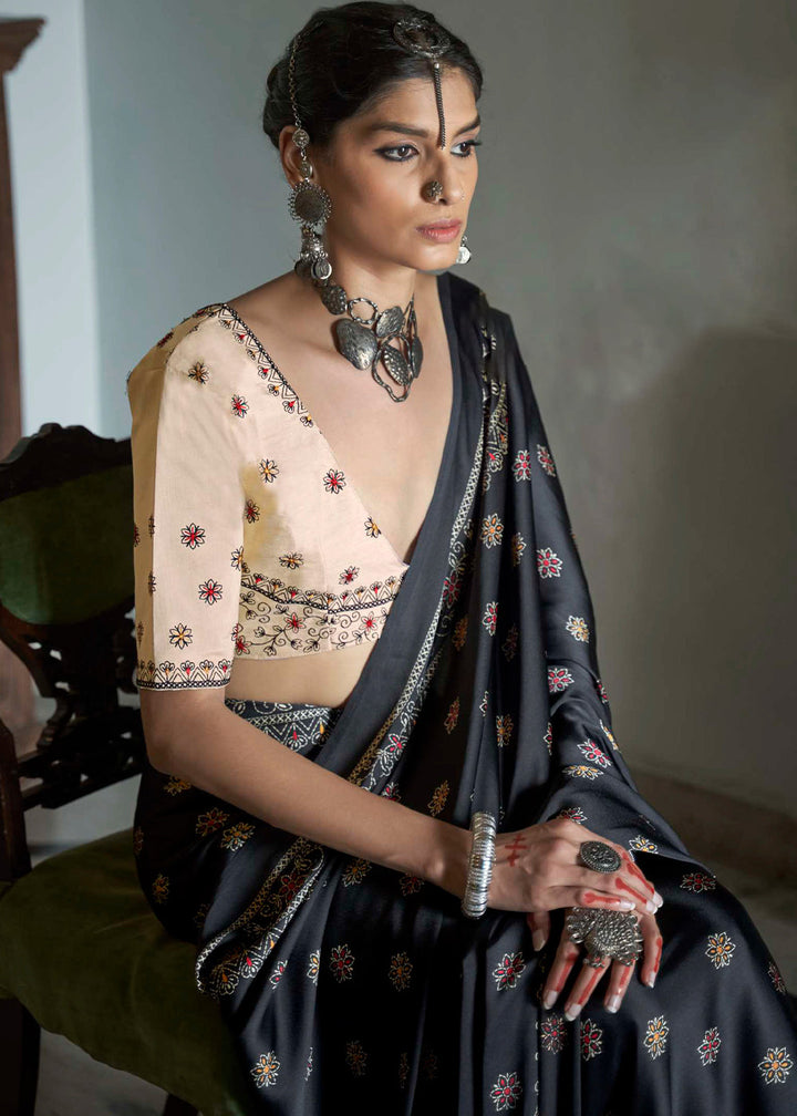 Raven Black Gajji Silk Saree with Embroidery Blouse