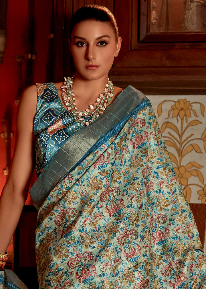 Shades Of Blue Printed Zari woven Silk Saree