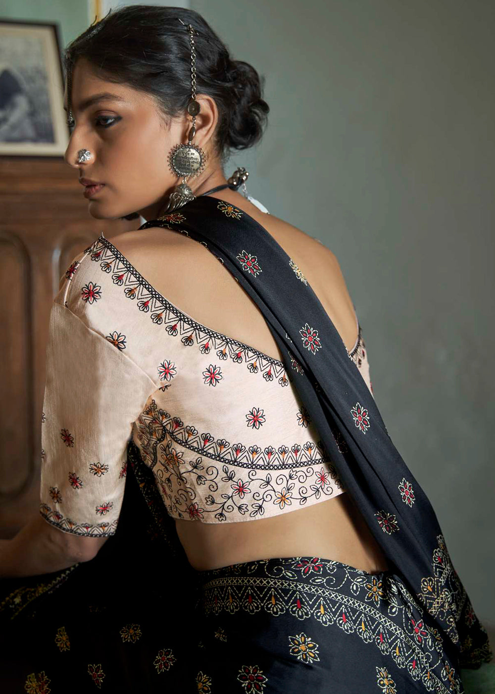 Raven Black Gajji Silk Saree with Embroidery Blouse