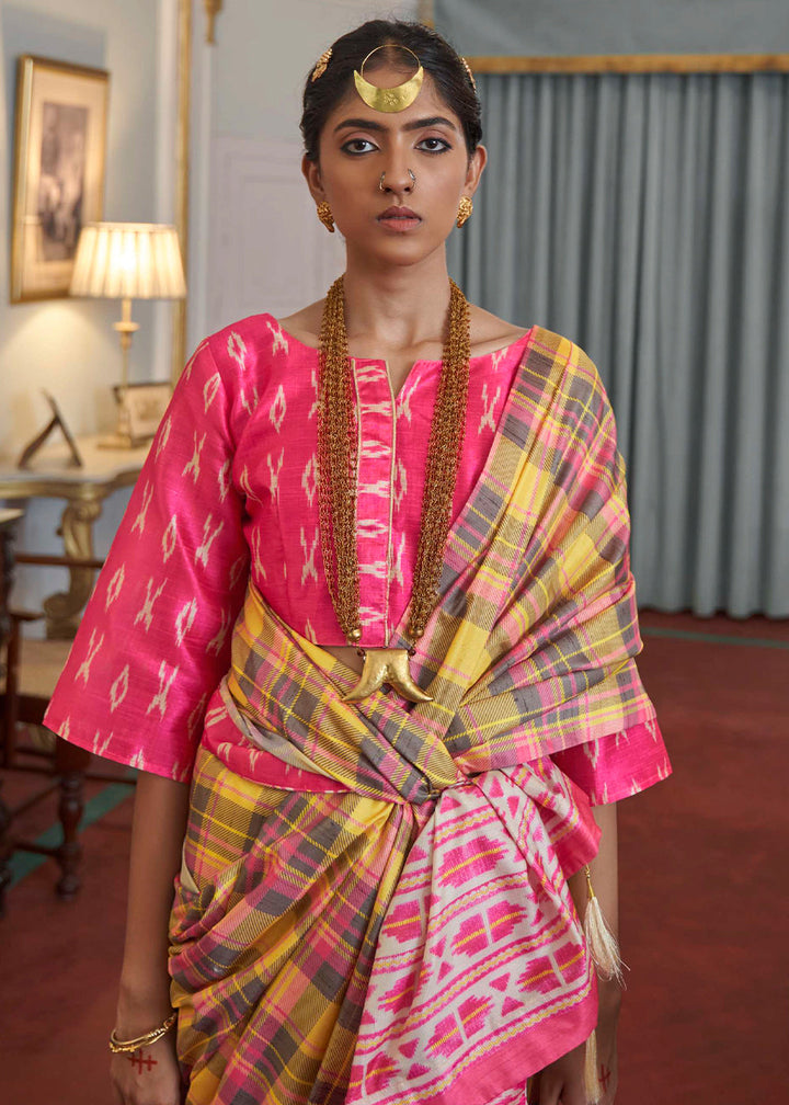 Yellow & Pink Printed Silk Saree