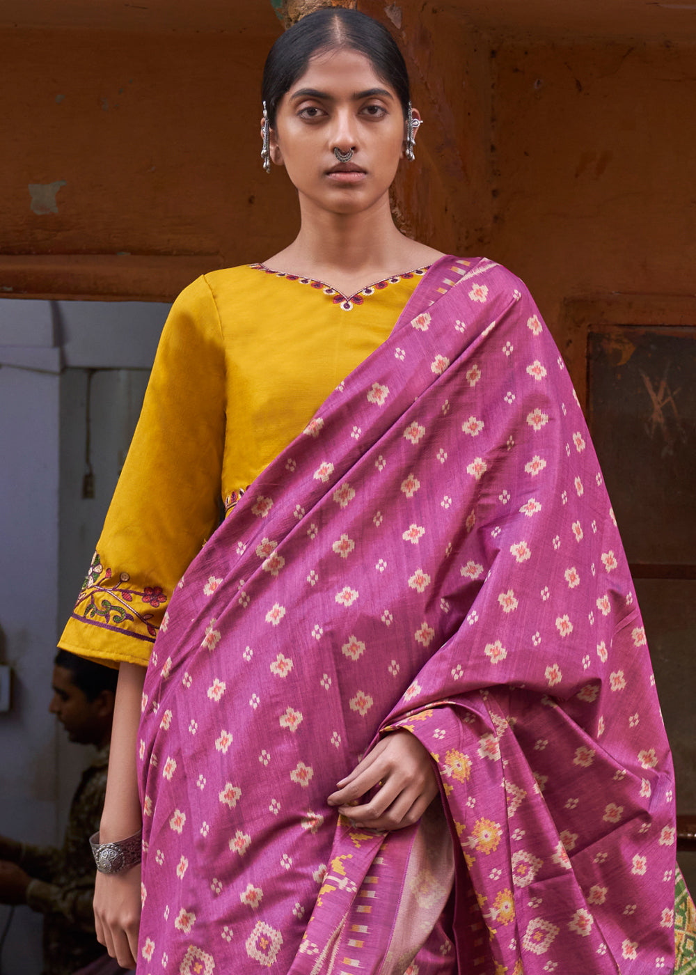 Fandango Pink Ikkat Silk Jaipuri Saree with Embroidery Designer Blouse