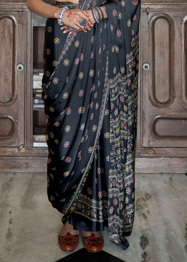 Raven Black Gajji Silk Saree with Embroidery Blouse