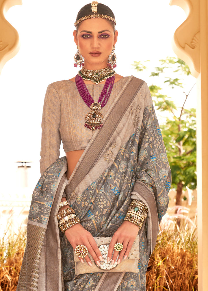 Beautiful Lava Grey Khadi Printed Raw Silk Saree with intricate detailing