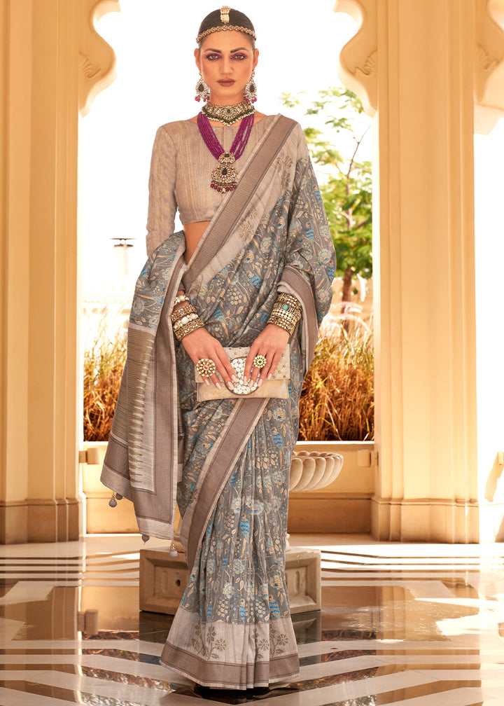 Lava Grey Khadi Printed Raw Silk Saree with floral motifs and golden border