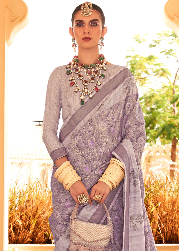 Elegant Raw Silk Saree in Lilac Purple with Traditional Print