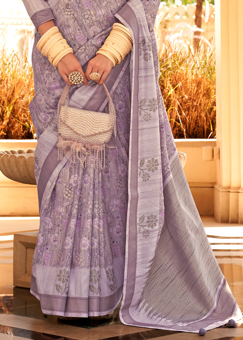 Luxurious Lilac Purple Saree with Exquisite Khadi Print