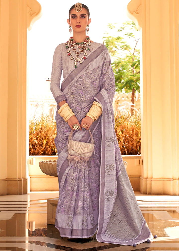 Lilac Purple Khadi Printed Raw Silk Saree with Floral Motifs