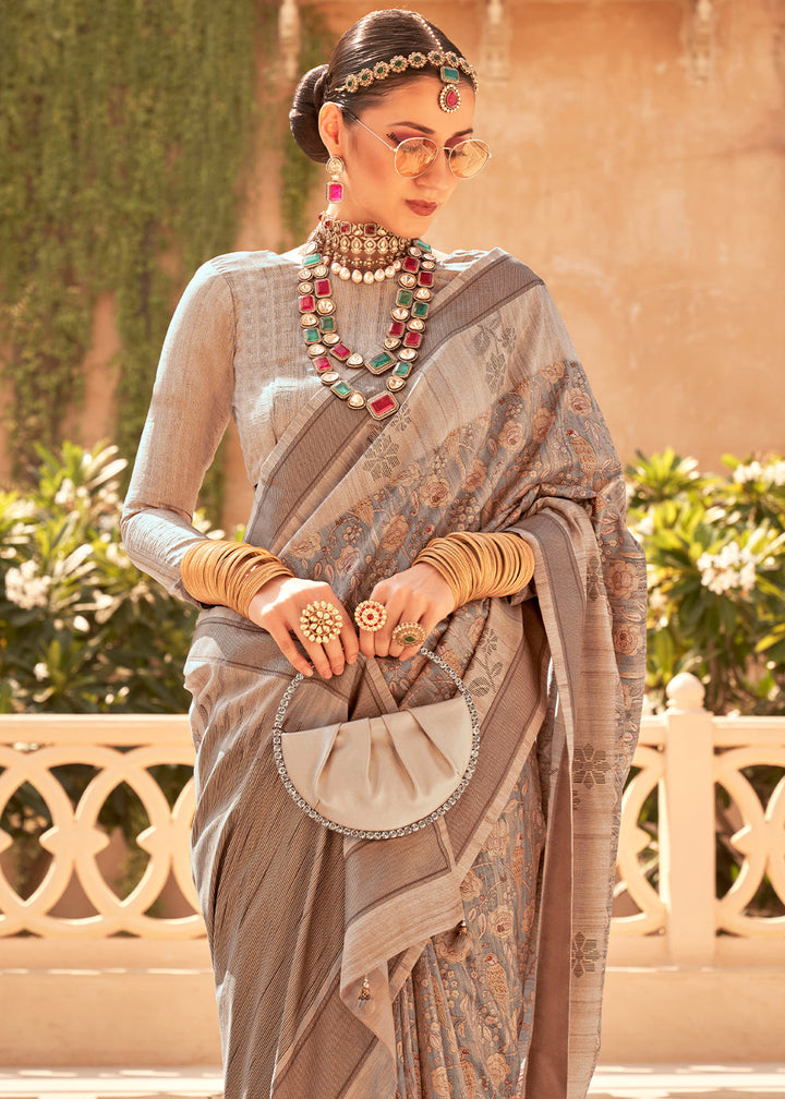 Traditional Indian Raw Silk Saree in Rich Brown Hues and Khadi Prints