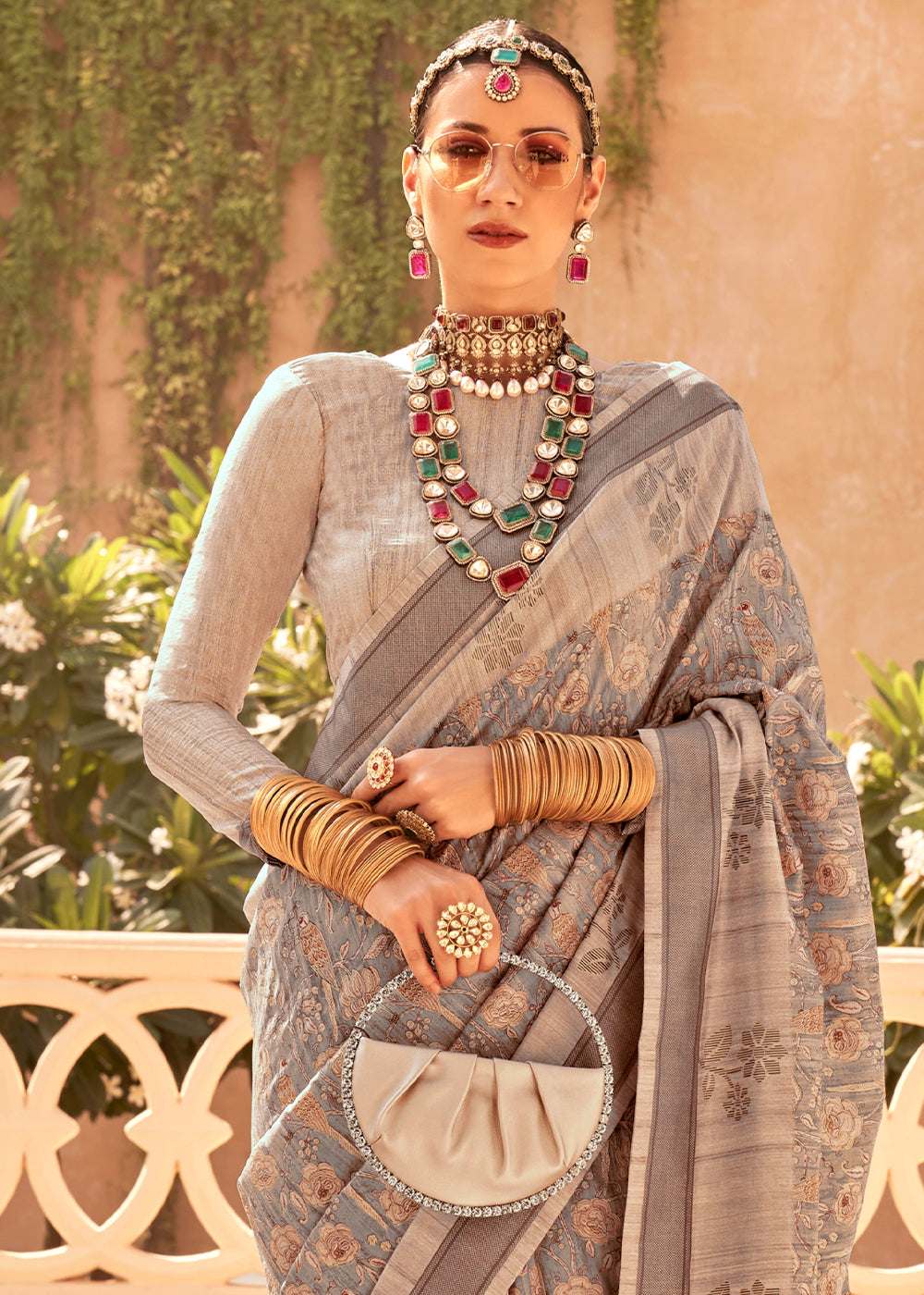 Beautiful Shades Of Brown Khadi Printed Raw Silk Saree with intricate patterns and elegant design