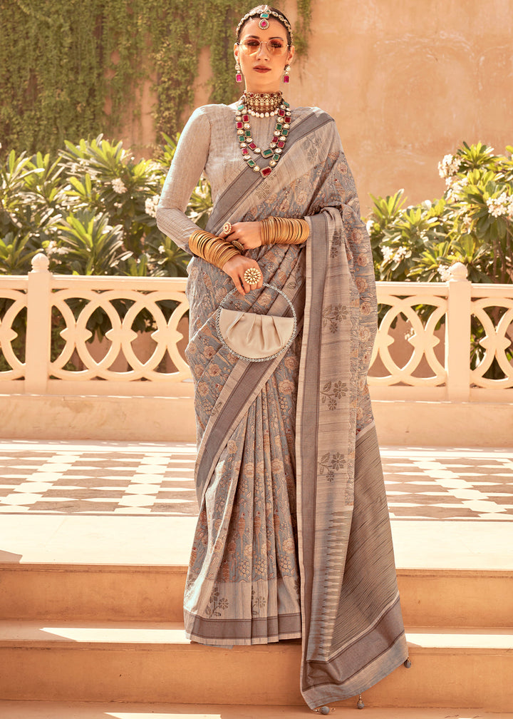 Shades Of Brown Khadi Printed Raw Silk Saree with Floral Motifs