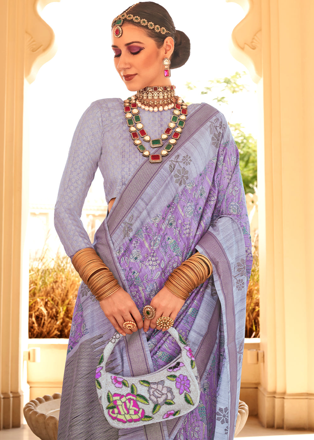 Exquisite Shades Of Purple Khadi Printed Raw Silk Saree with intricate design