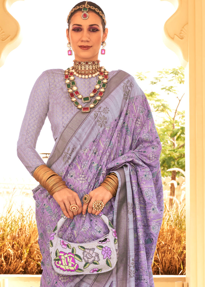 Shades of Purple Khadi Printed Raw Silk Saree with Floral Motifs and Gold Border