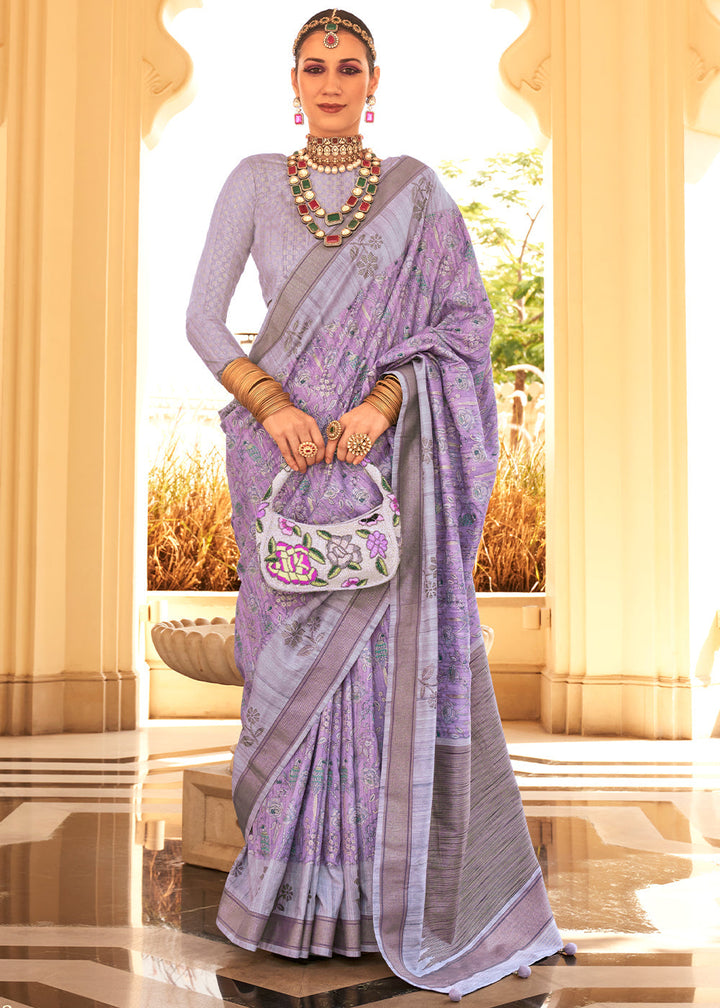 Shades of Purple Khadi Printed Raw Silk Saree with intricate floral designs