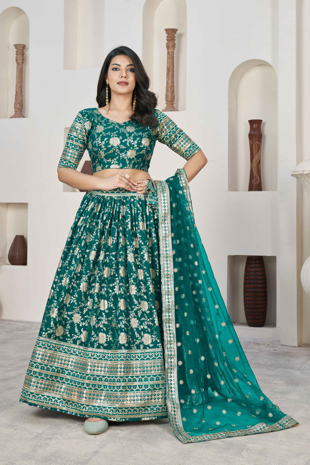 Beautiful Rama Zari Work Jacquard Reception Wear Lehenga Choli