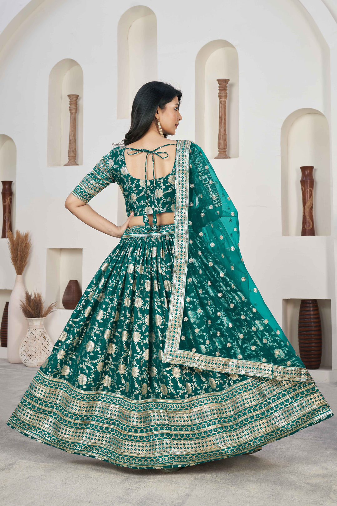 Beautiful Rama Zari Work Jacquard Reception Wear Lehenga Choli