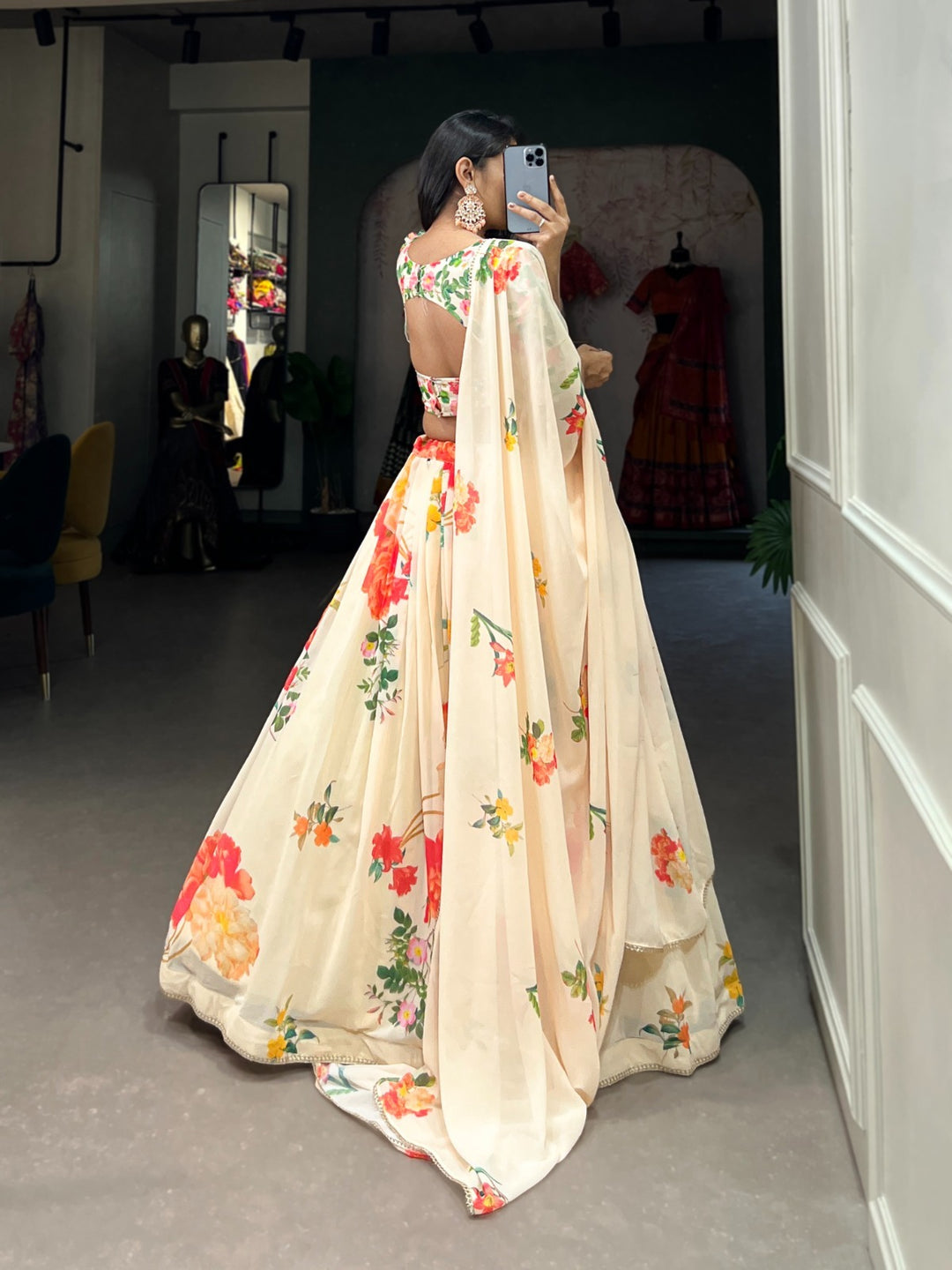 Cream Georgette Floral Print With Lace Border Lehenga