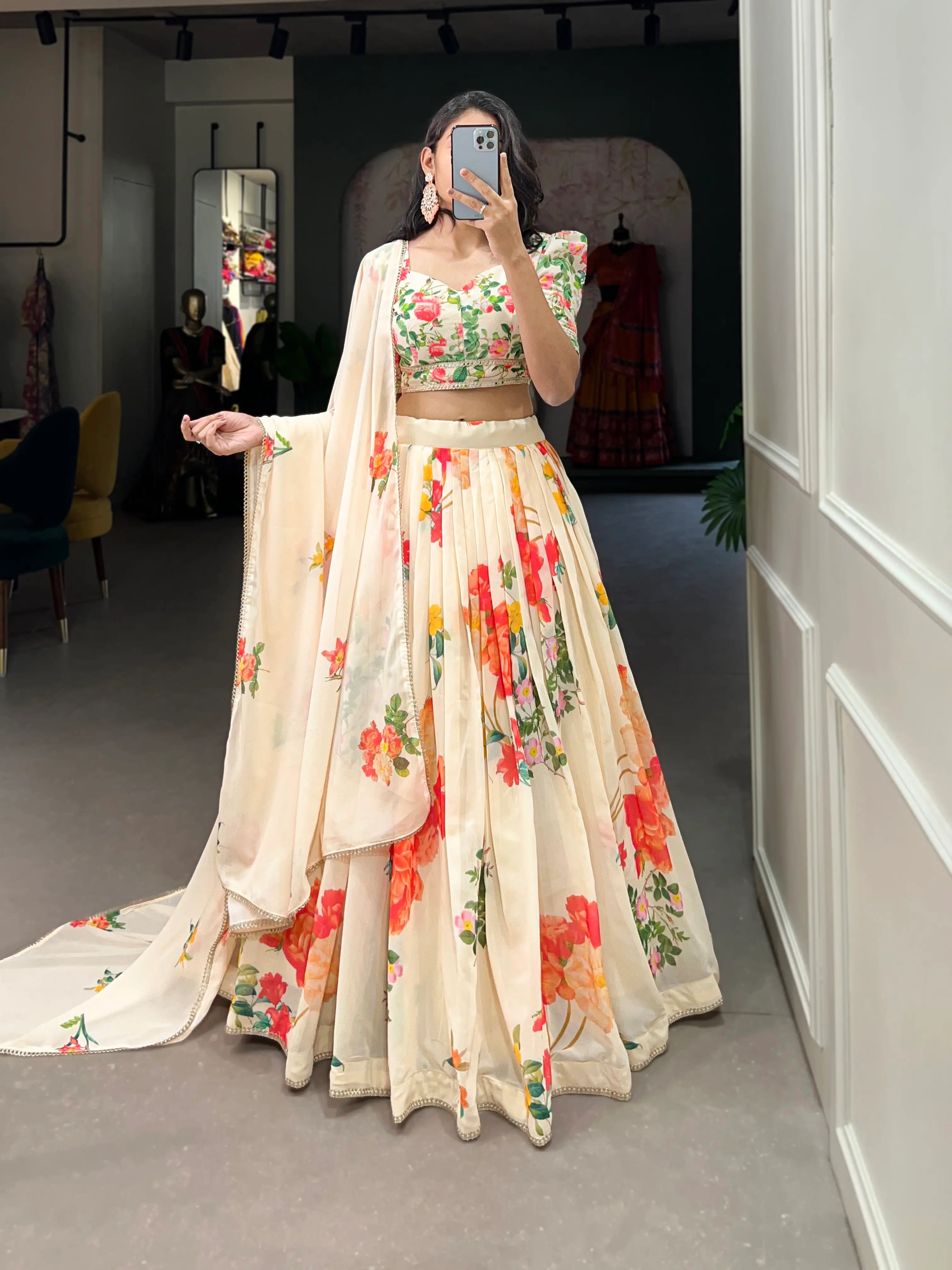 Cream Georgette Floral printed Lehenga Choli | Ready To Wear - qivii